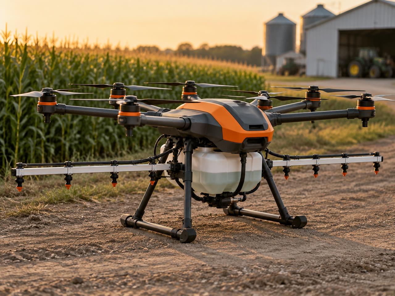 A Rey Harrow H8 eight-rotor agricultural spray drone on the shop bench